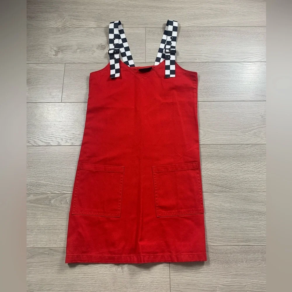 Lazy Oaf Checkered Buckle-Strap Pinafore Red Mini Dress - Picture 5 of 15